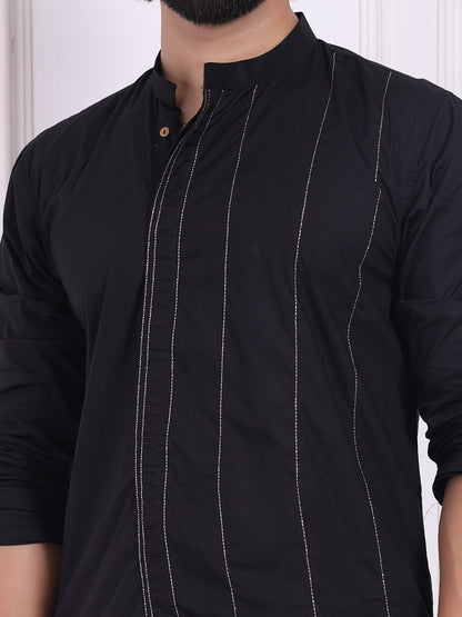 Black cotton kurta with golden thread detailing