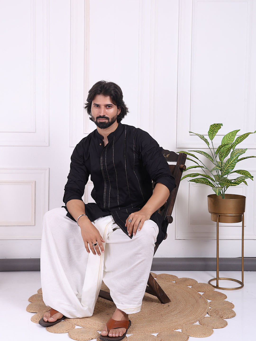 Black cotton kurta with golden thread detailing