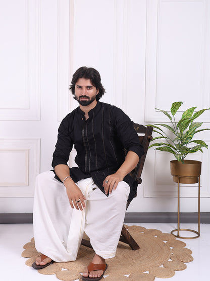 Black cotton kurta with golden thread detailing
