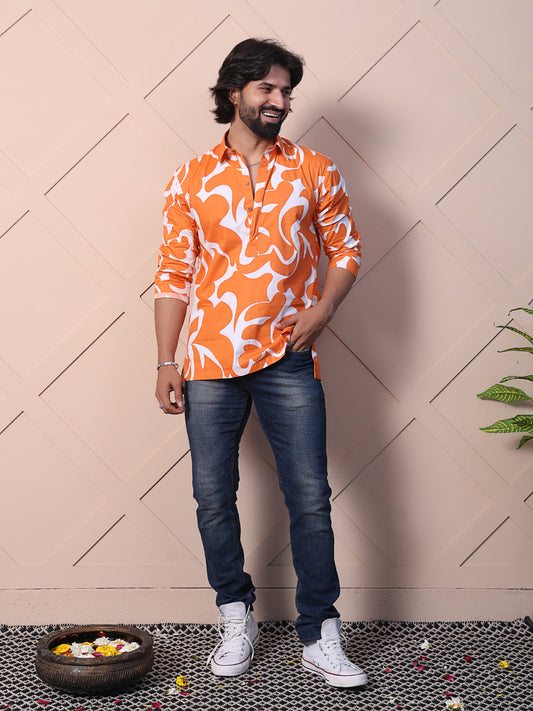 Men's printed shirt featuring a half placket & high-low hem