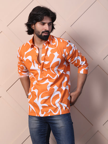 Men's printed shirt featuring a half placket & high-low hem