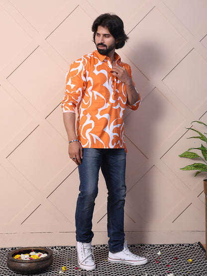 Men's printed shirt featuring a half placket & high-low hem