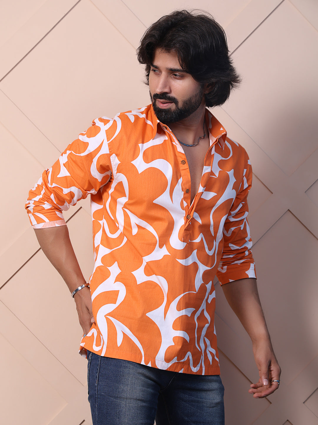 Men's printed shirt featuring a half placket & high-low hem