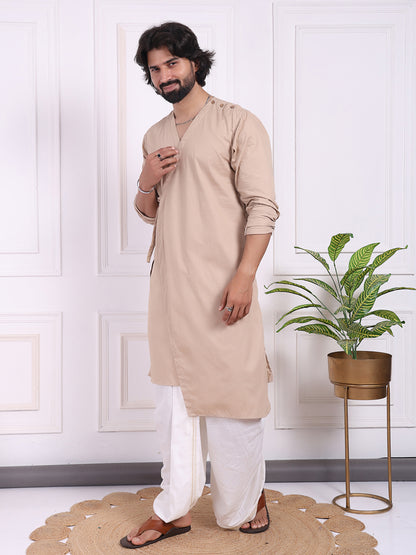 Beige layered kurta with V-neck and belt accent