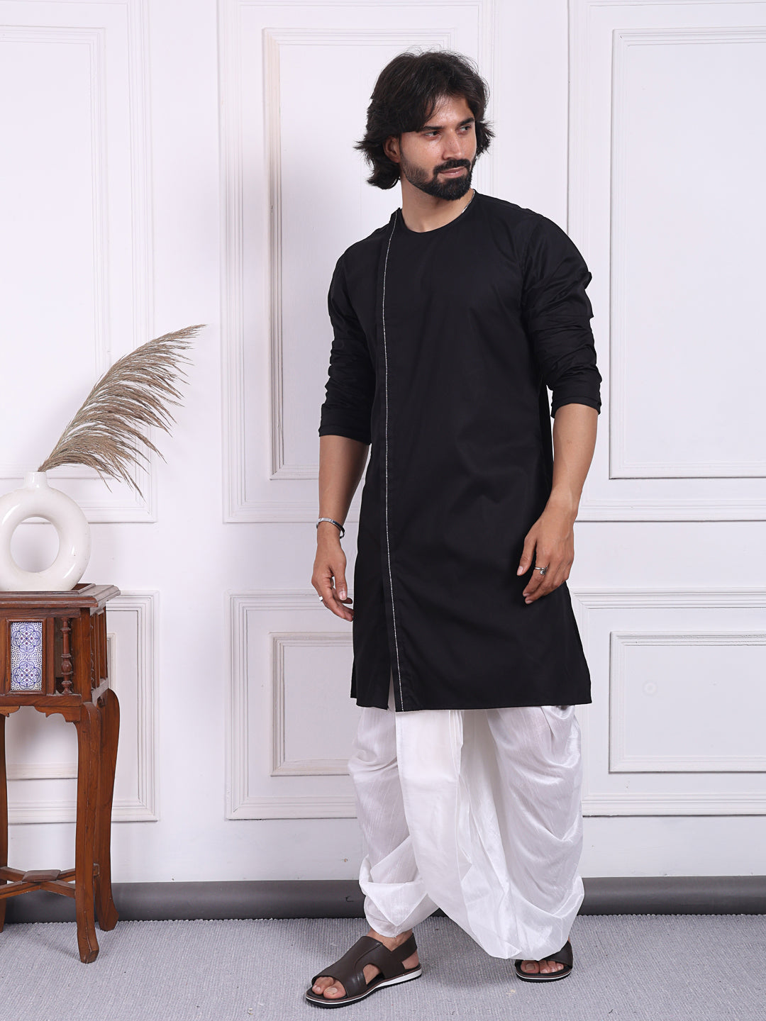 Black kurta in angrakha style for Men