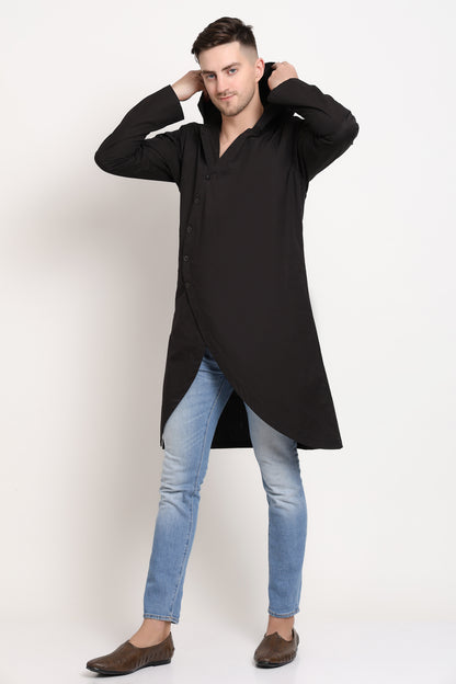 Asymmetric Black Hooded Kurta With Diagonal Button