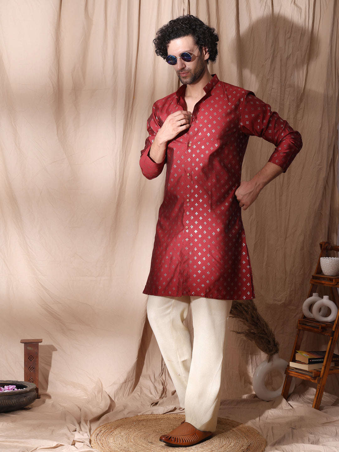 Side Slits Men Maroon Angrakha Styled Kurta