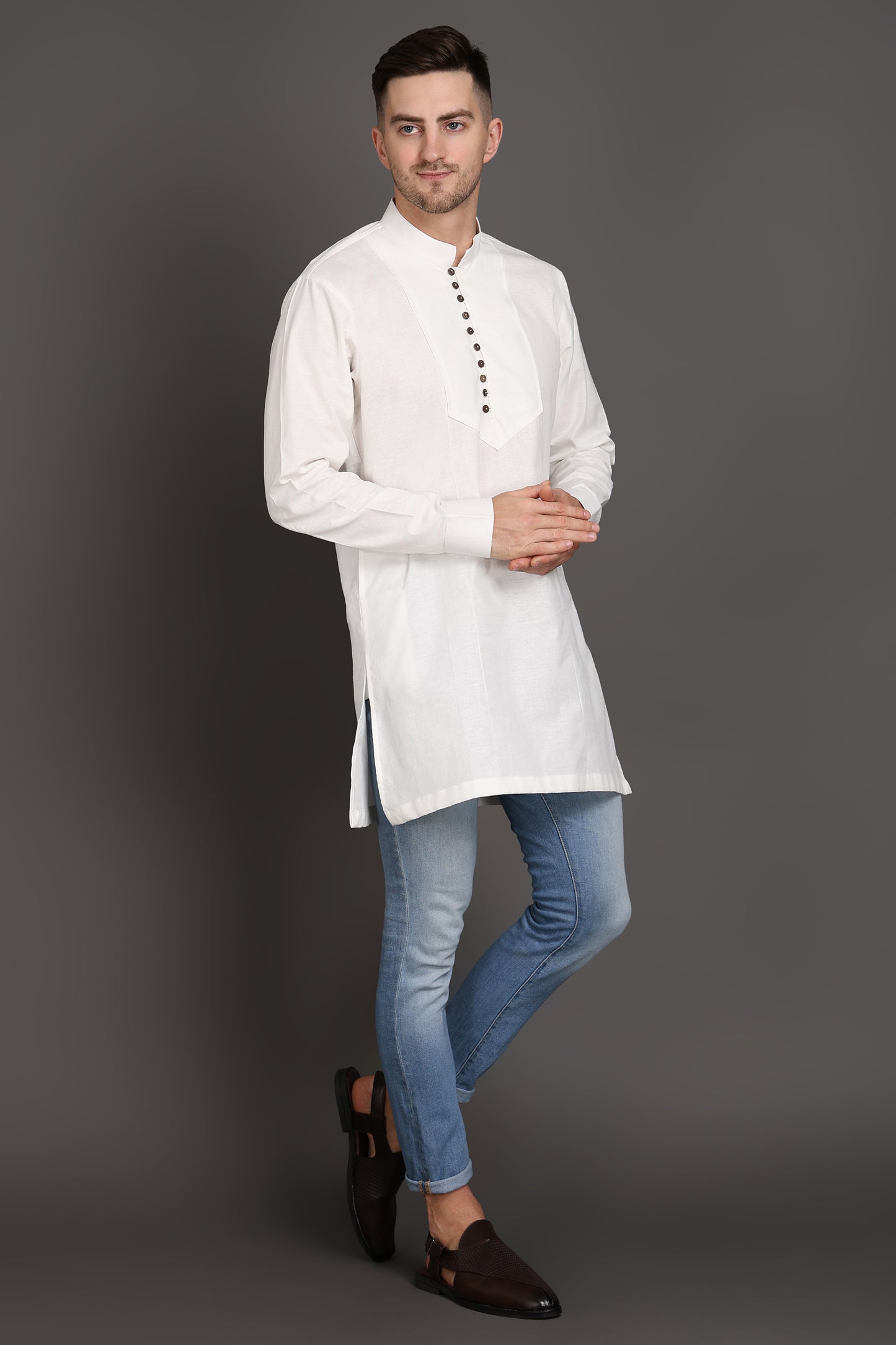 White Short Kurta With Wooden Button Detailing