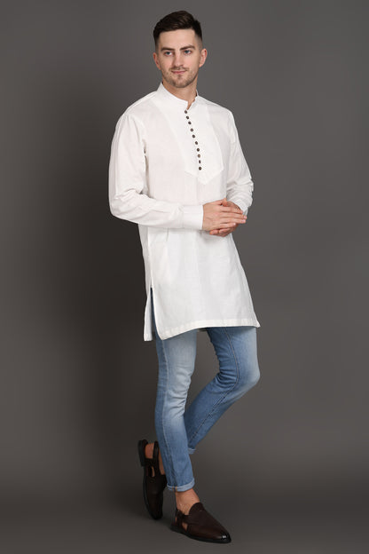 White Short Kurta With Wooden Button Detailing