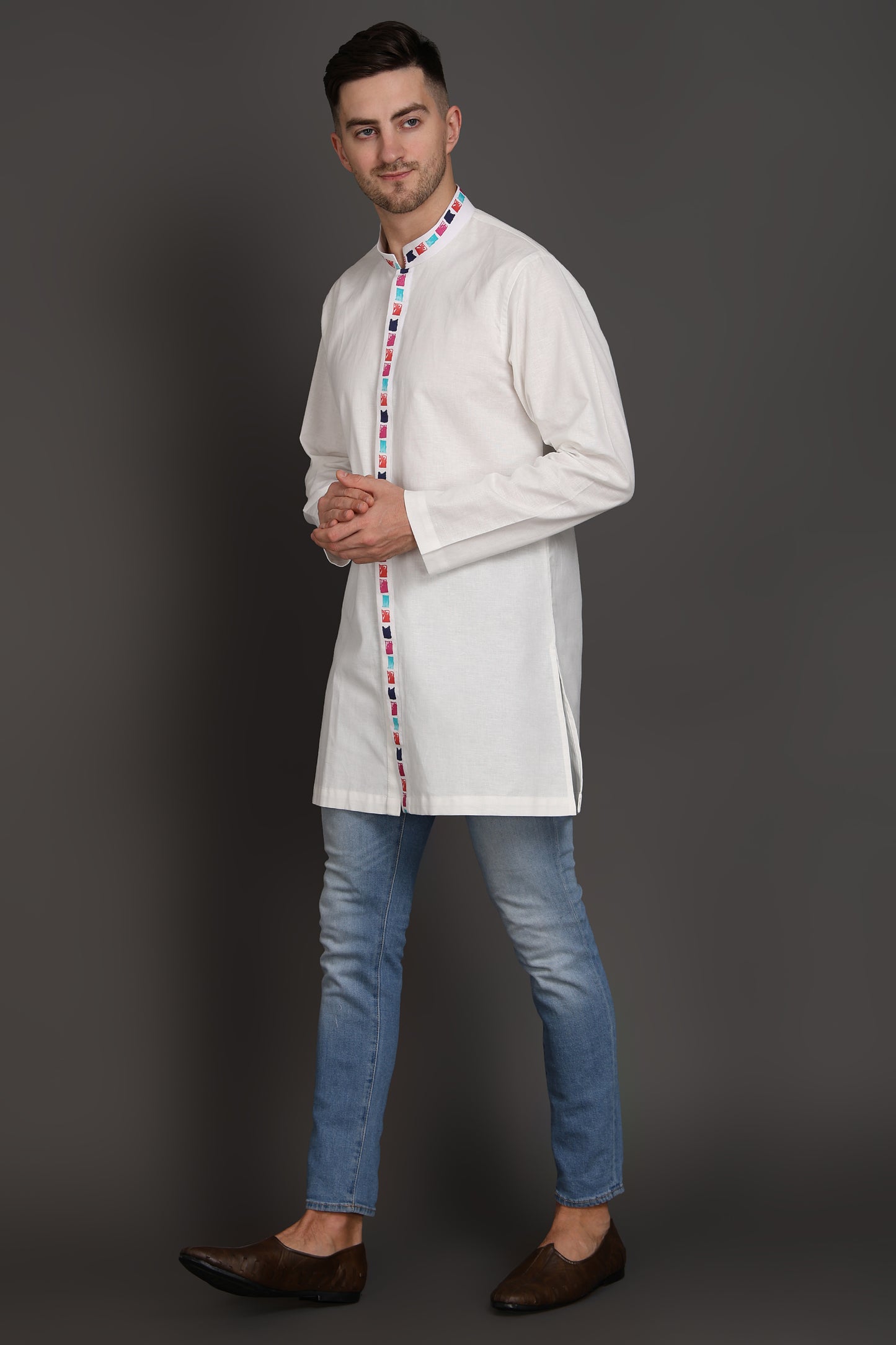White Elegance kurta with printed Placket