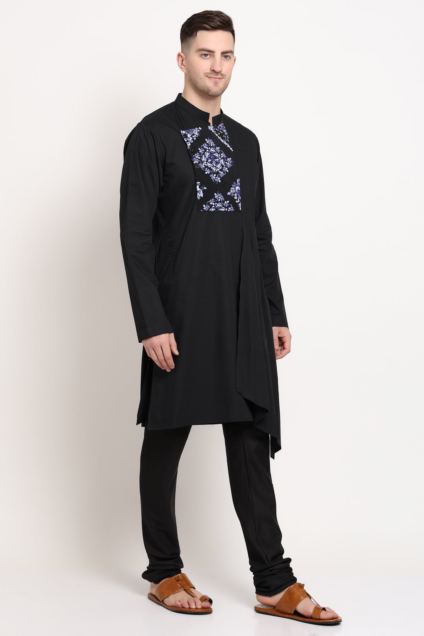 Black kurta with printed yoke design