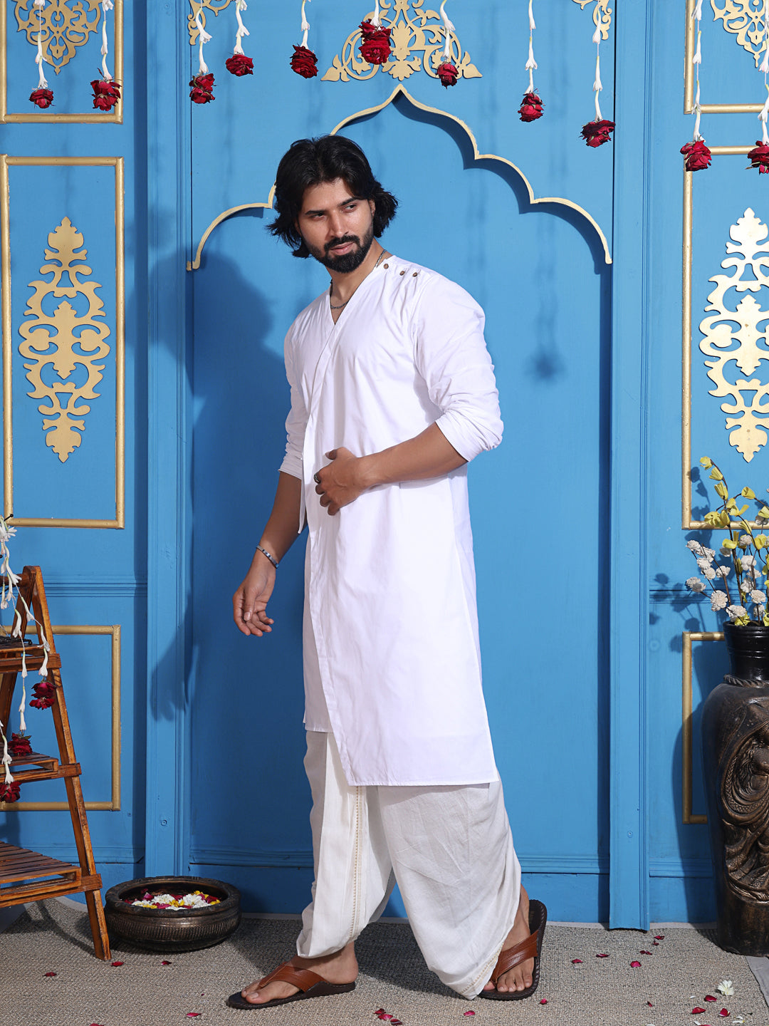 White layered kurta with V-neck and belt accent