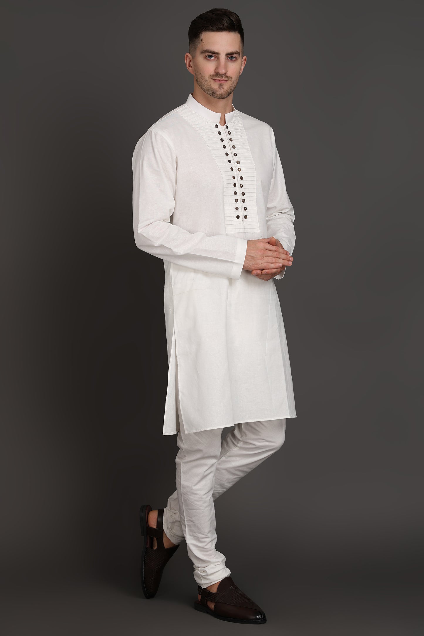 Pleated White Kurta With Wooden Button Detailing