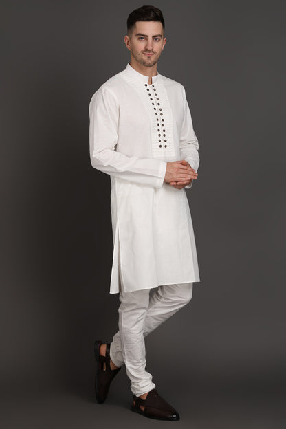 Pleated White Kurta With Wooden Button Detailing
