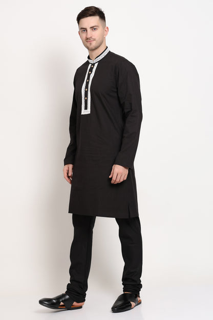 Black kurta with white embroidered placket