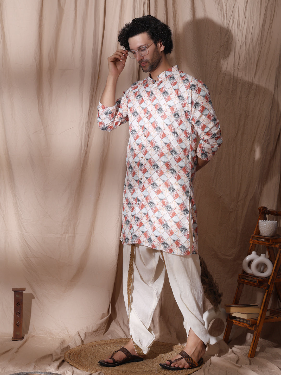 Geometric print-detailed straight fit kurta