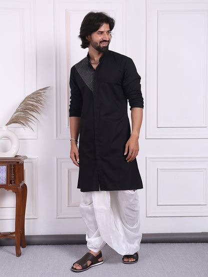 Black cotton kurta with silver thread detailing