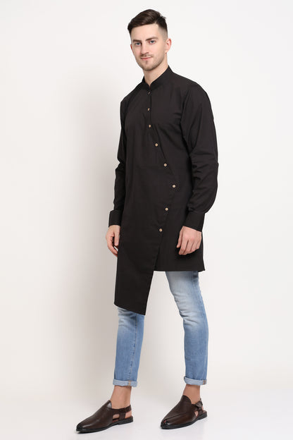 Diagonal Monarch Kurta – Black with Gold Button Trail