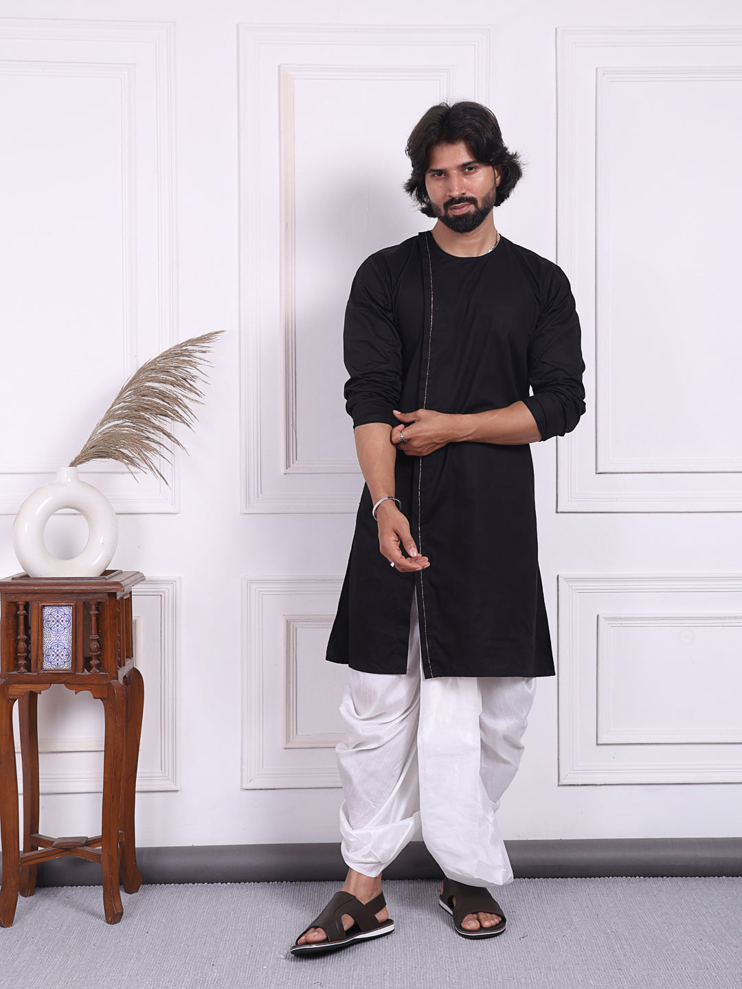 Black kurta in angrakha style for Men