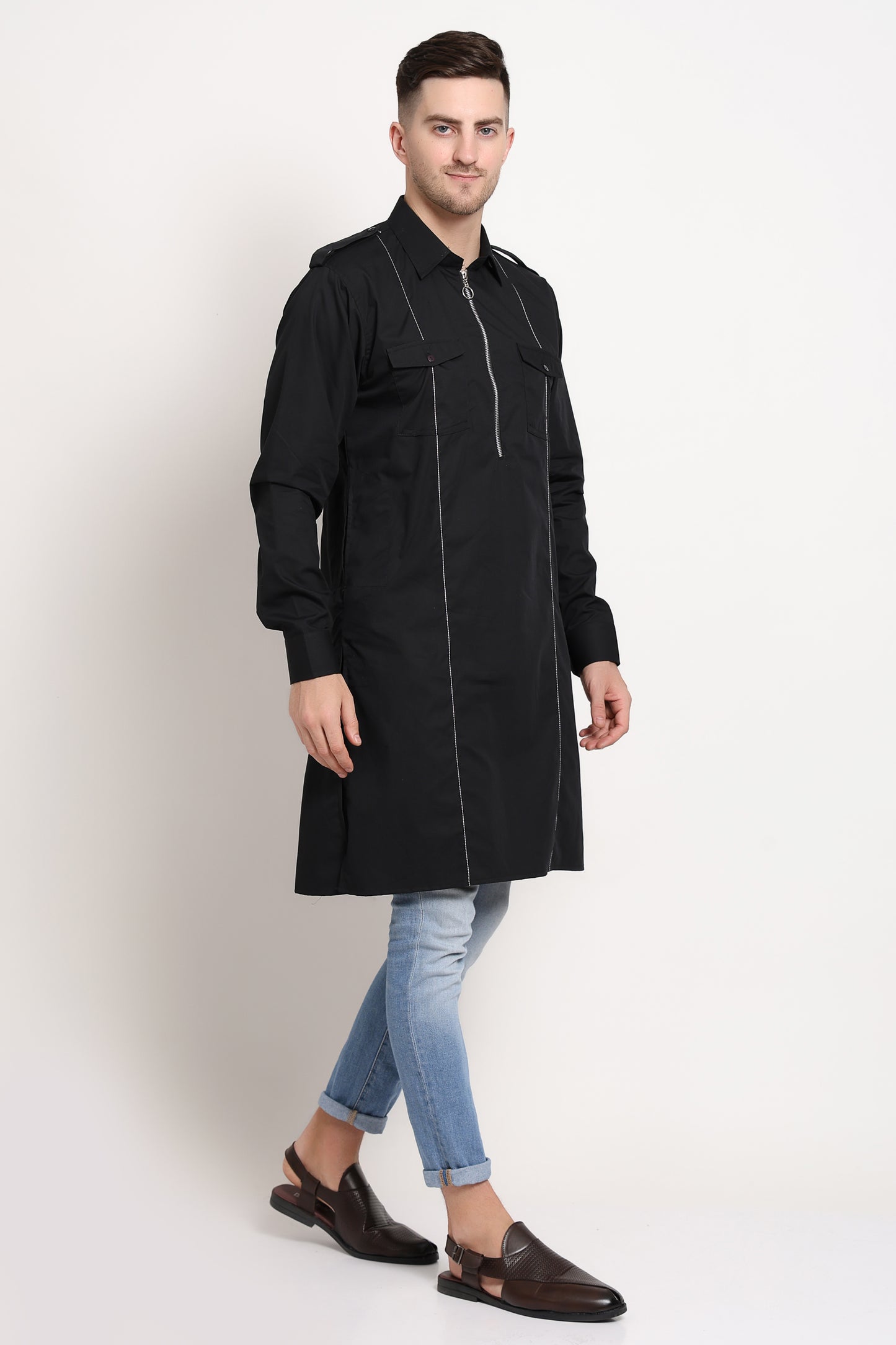 Urban Zip Kurta – Black Utility with Silver Stitch Detail