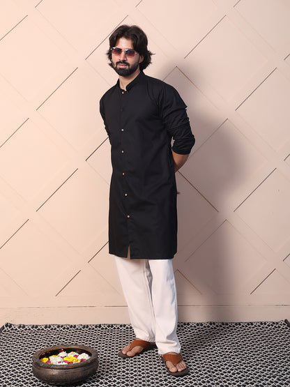 Solid black cotton kurta for men