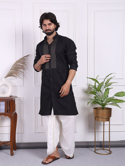 Black kurta with golden thread accents on the front