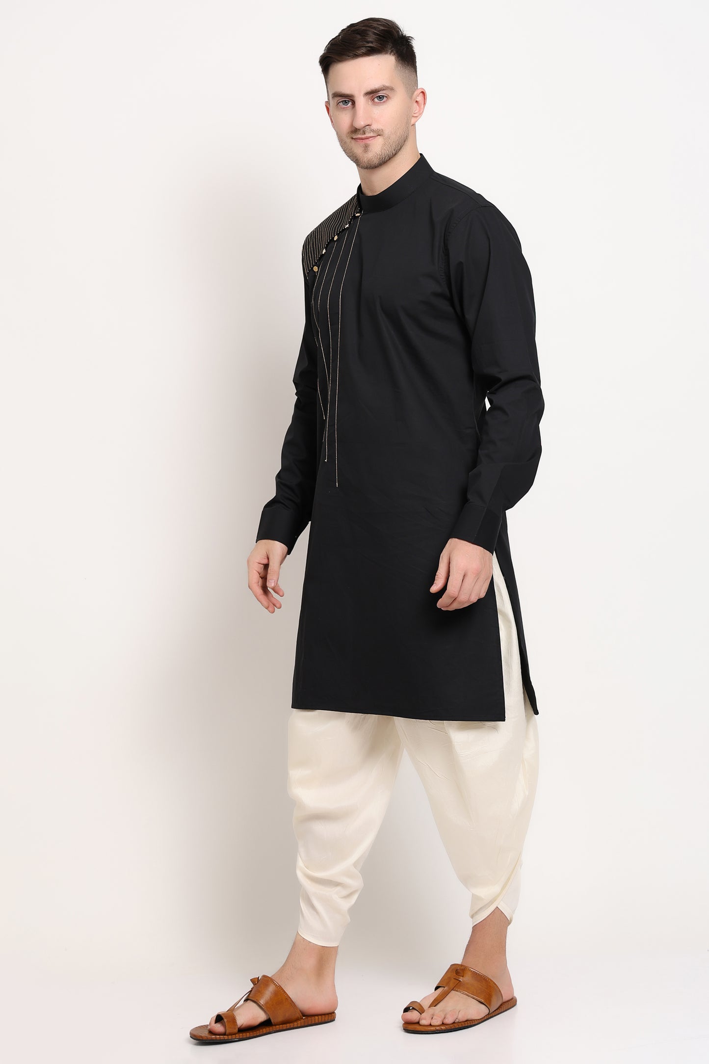 Black elegance kurta with golden shoulder accent