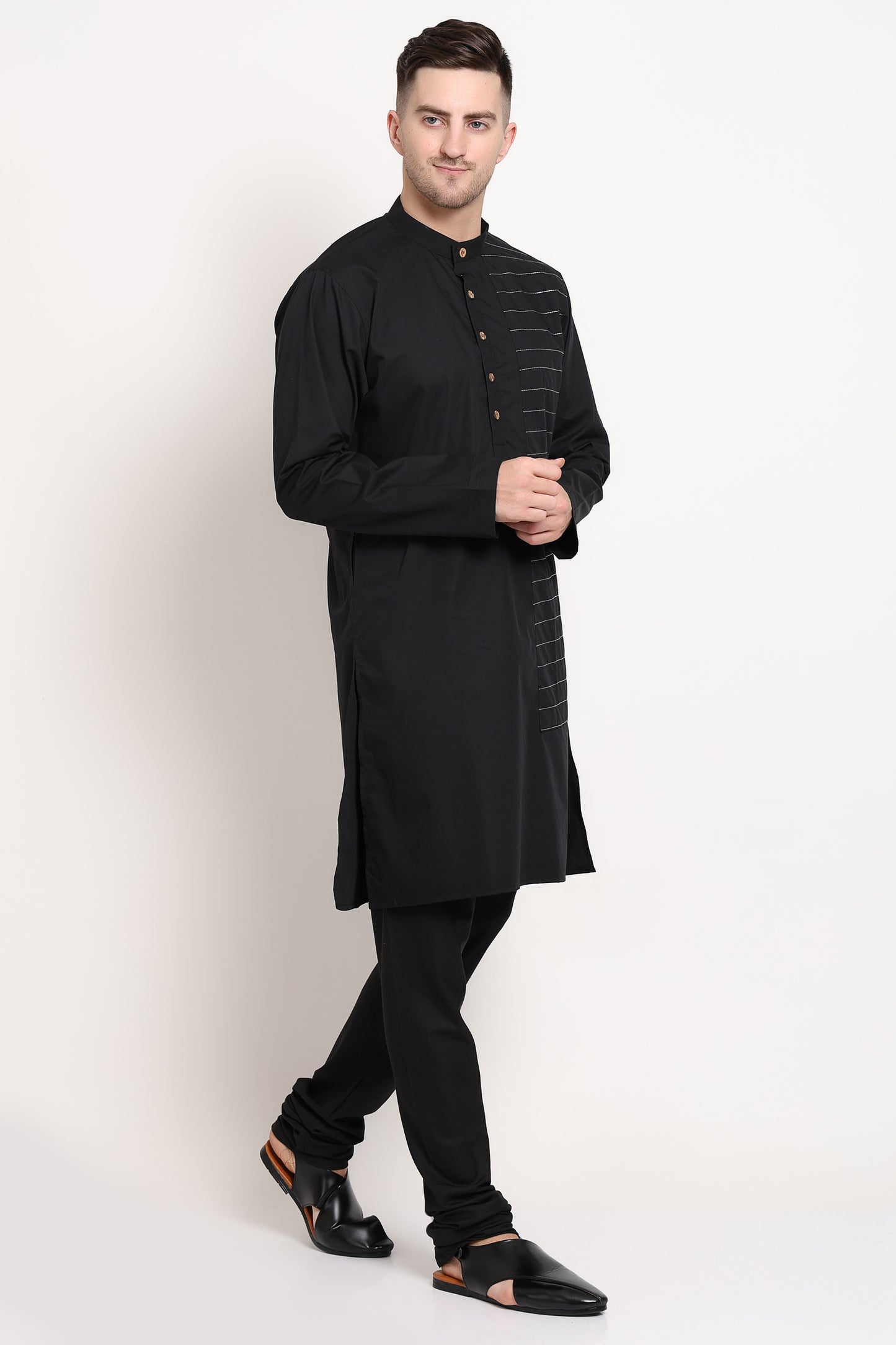 Linear Crest Kurta – Black with Horizontal Stripe Accent