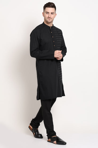 Linear Crest Kurta – Black with Horizontal Stripe Accent