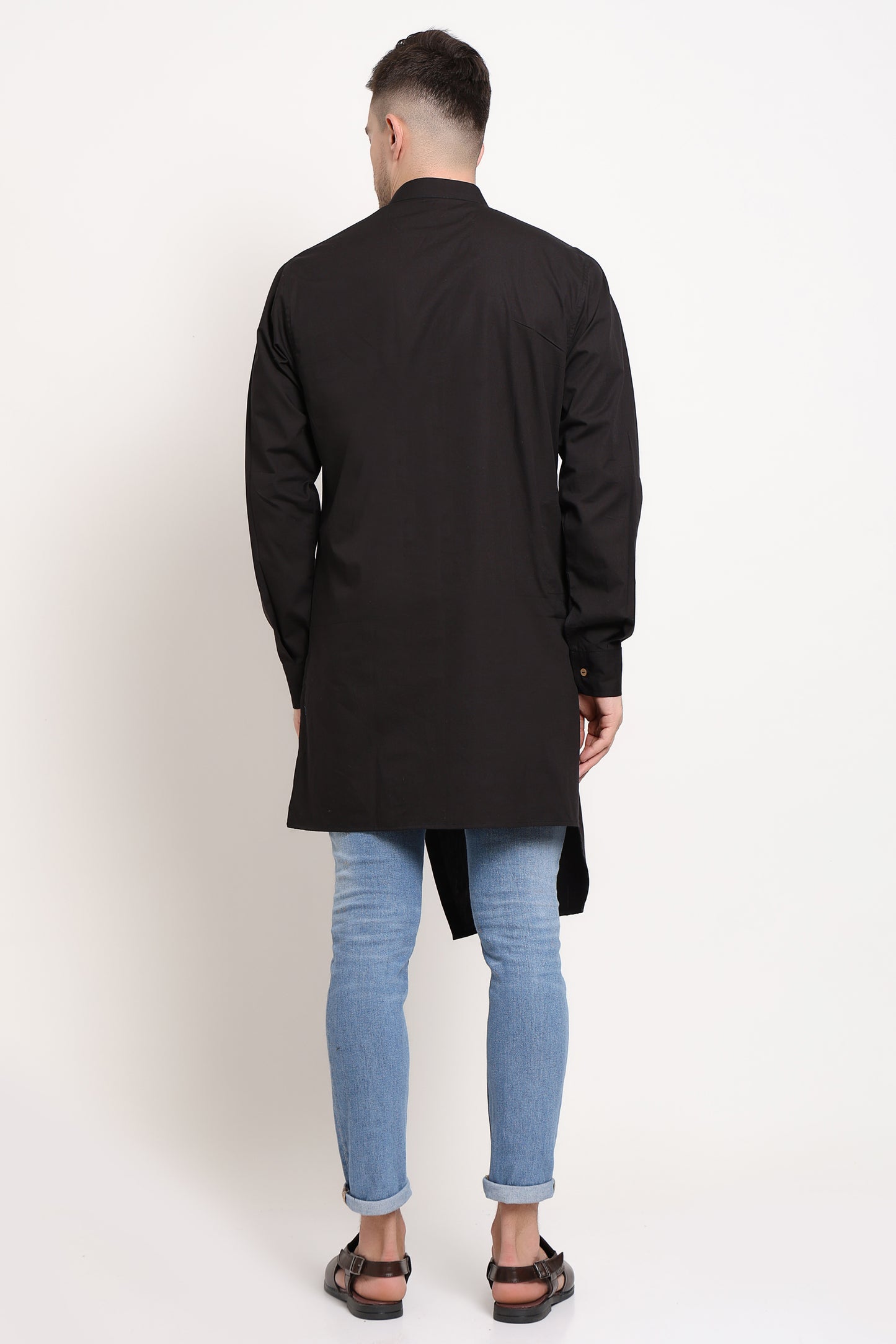 Diagonal Monarch Kurta – Black with Gold Button Trail