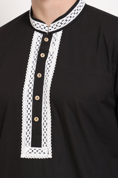 Black kurta with white embroidered placket