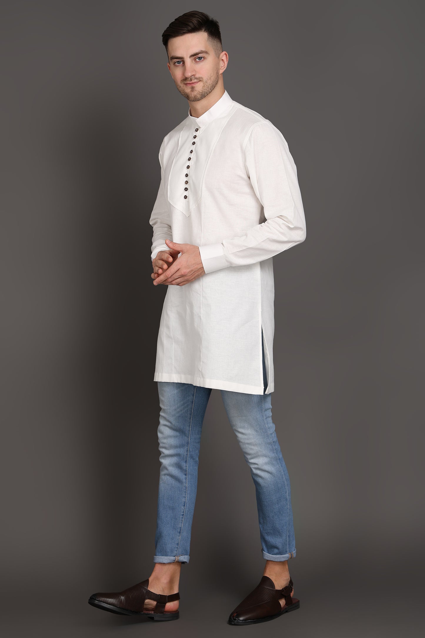 White Short Kurta With Wooden Button Detailing