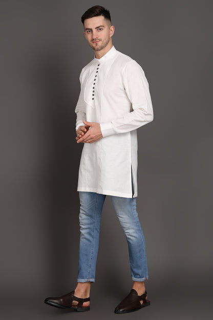 White Short Kurta With Wooden Button Detailing