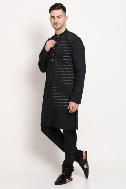Linear Crest Kurta – Black with Horizontal Stripe Accent