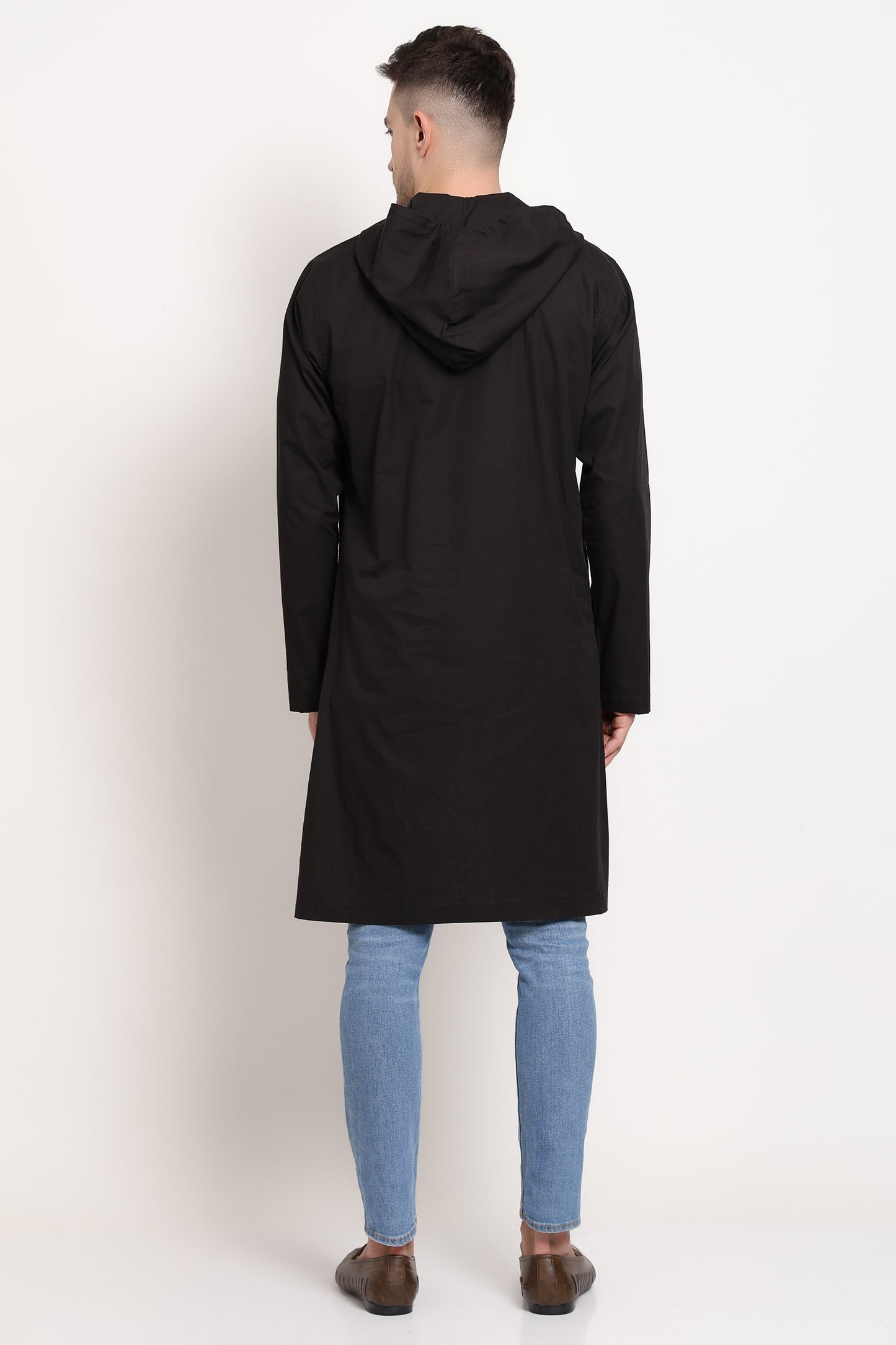 Asymmetric Black Hooded Kurta With Diagonal Button