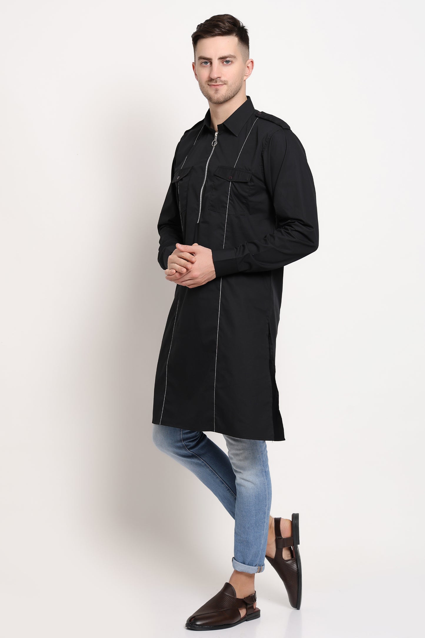 Urban Zip Kurta – Black Utility with Silver Stitch Detail