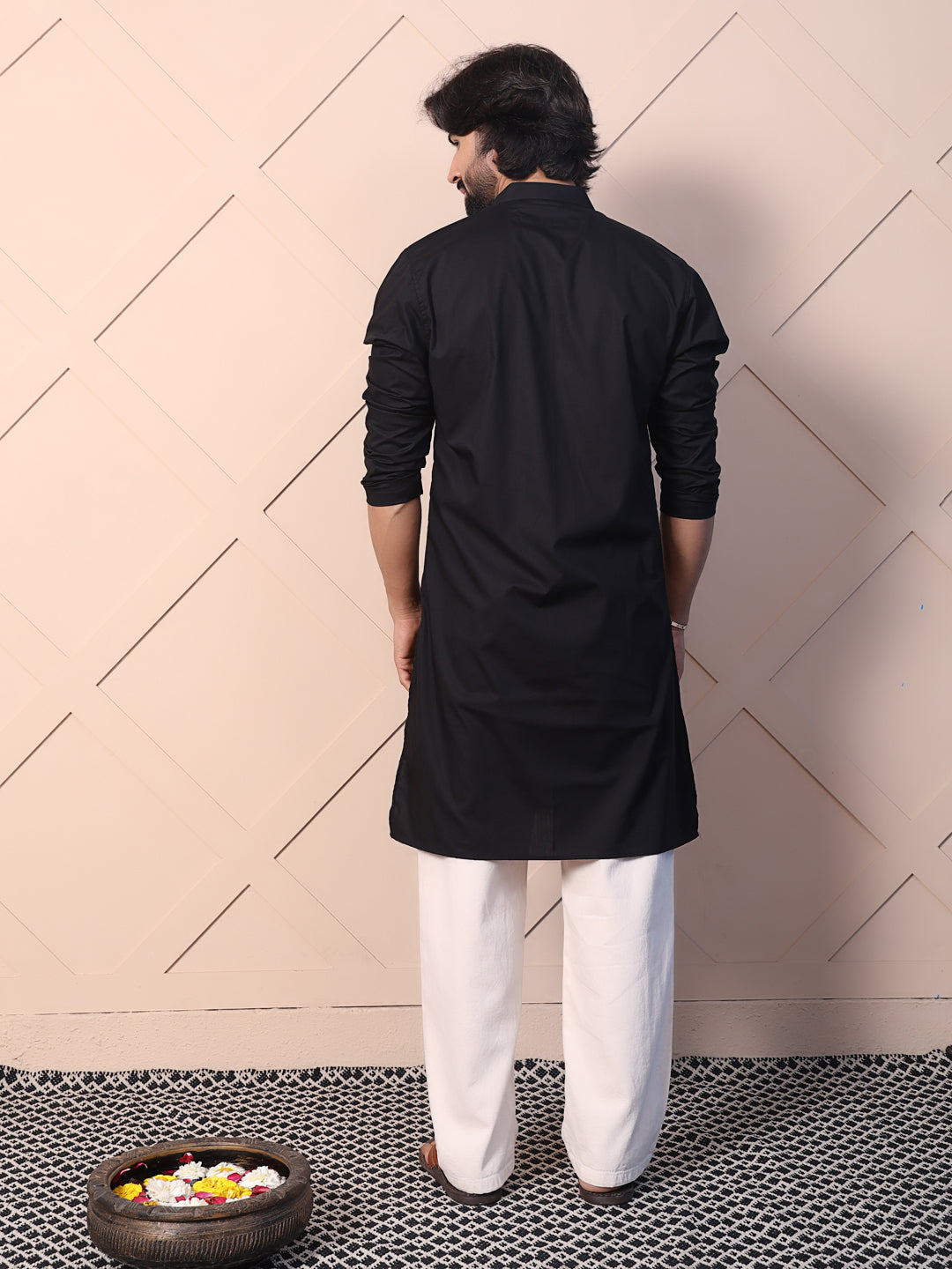 Solid black cotton kurta for men
