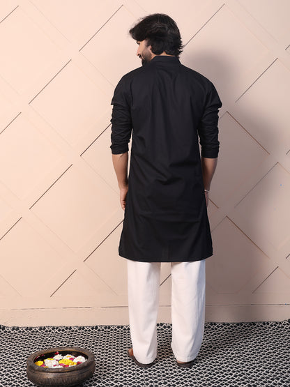 Solid black cotton kurta for men
