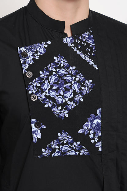 Black kurta with printed yoke design