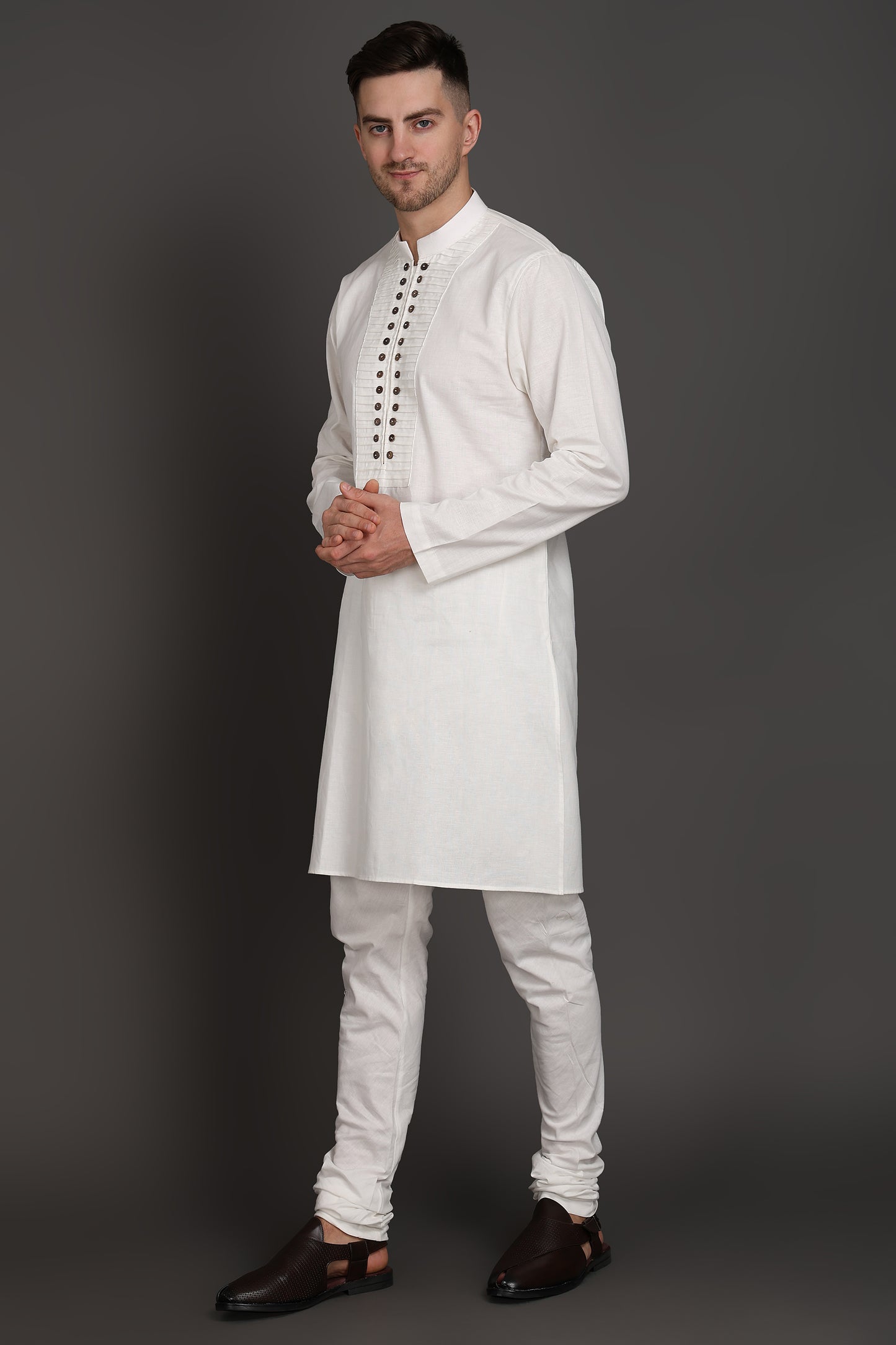 Pleated White Kurta With Wooden Button Detailing