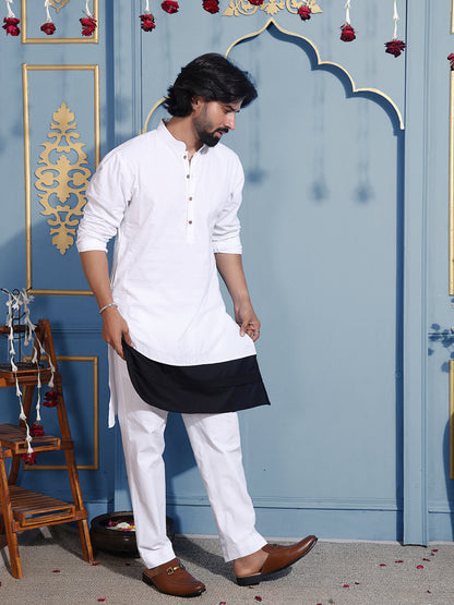 White kurta with mandarin collar and black hem