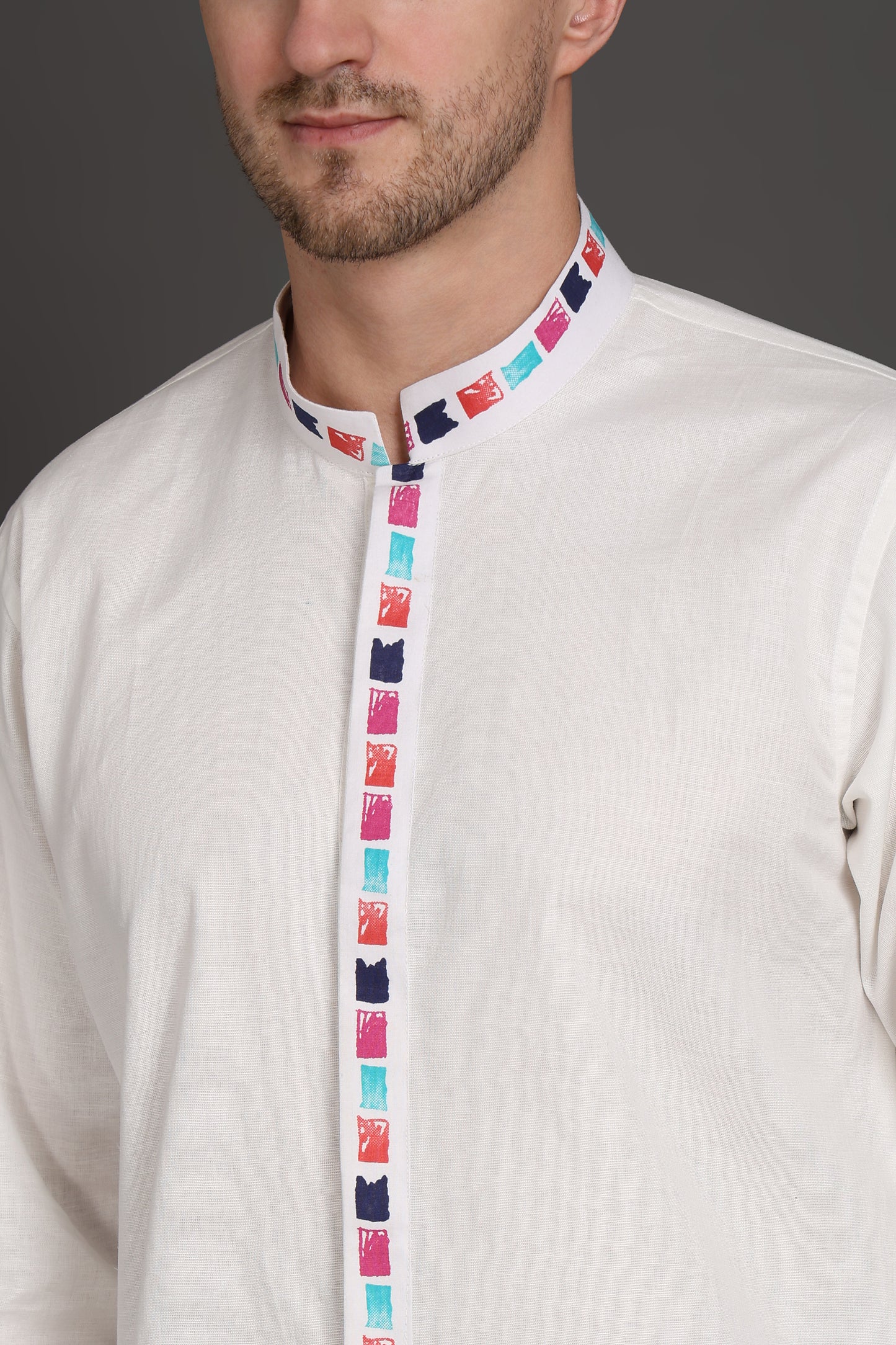 White Elegance kurta with printed Placket