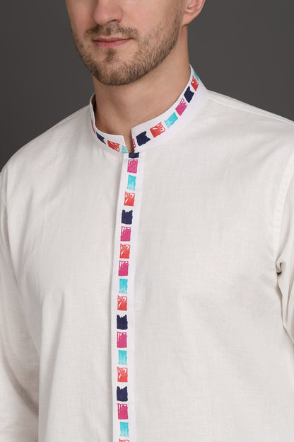 White Elegance kurta with printed Placket