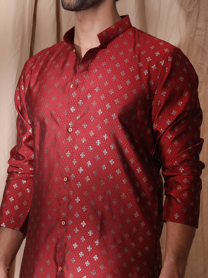 Side Slits Men Maroon Angrakha Styled Kurta