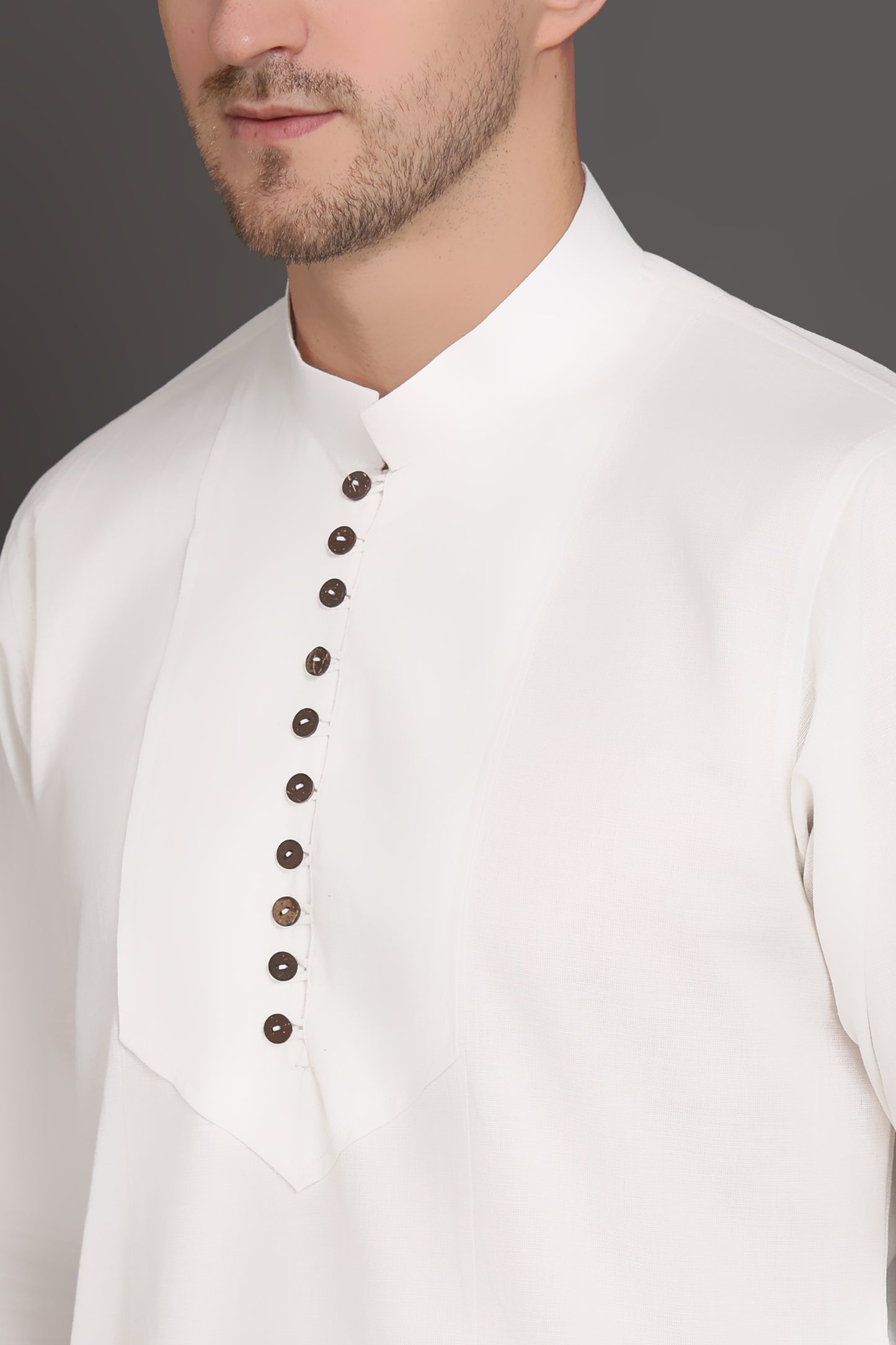White Short Kurta With Wooden Button Detailing
