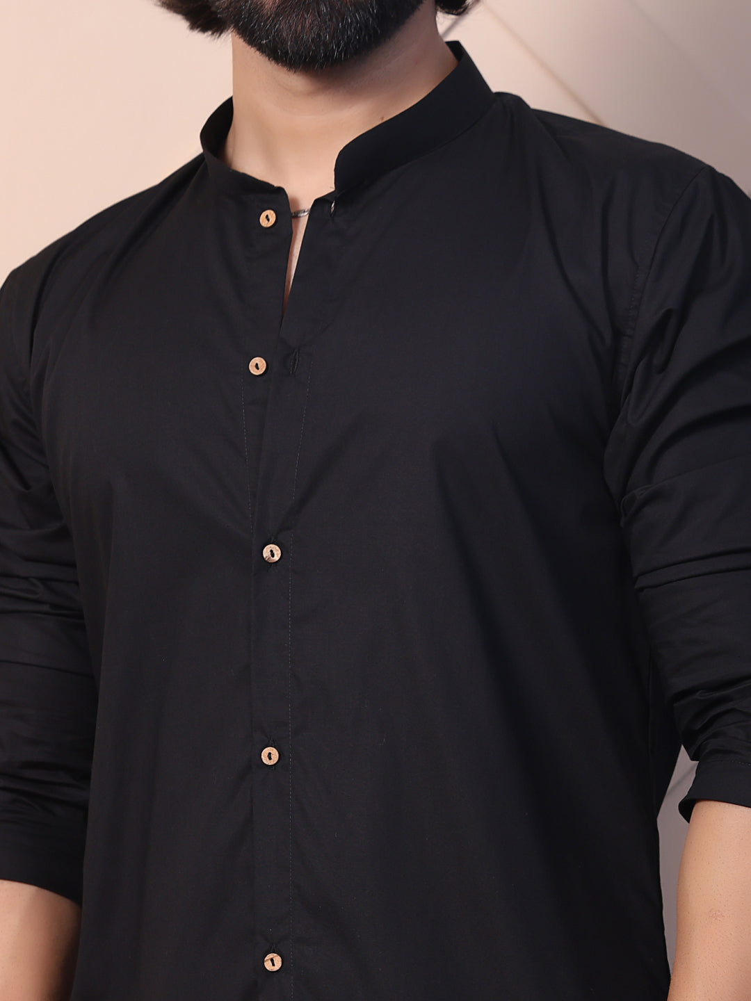 Solid black cotton kurta for men