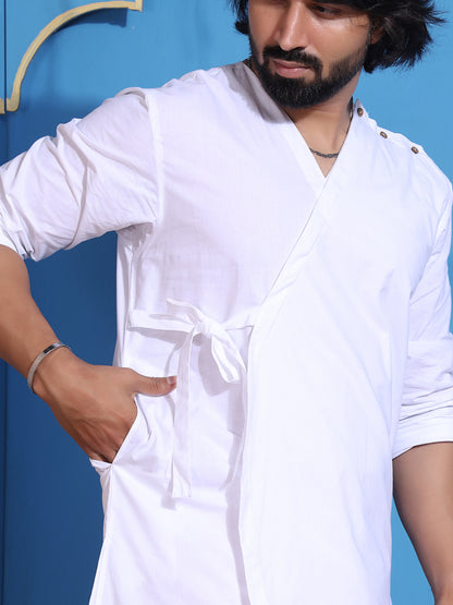 White layered kurta with V-neck and belt accent