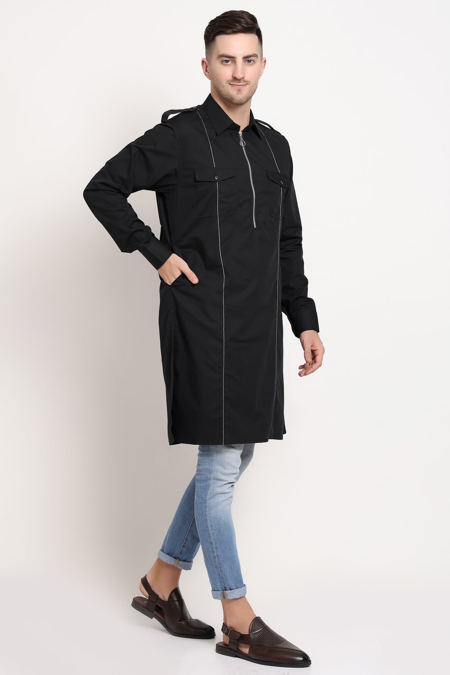 Urban Zip Kurta – Black Utility with Silver Stitch Detail