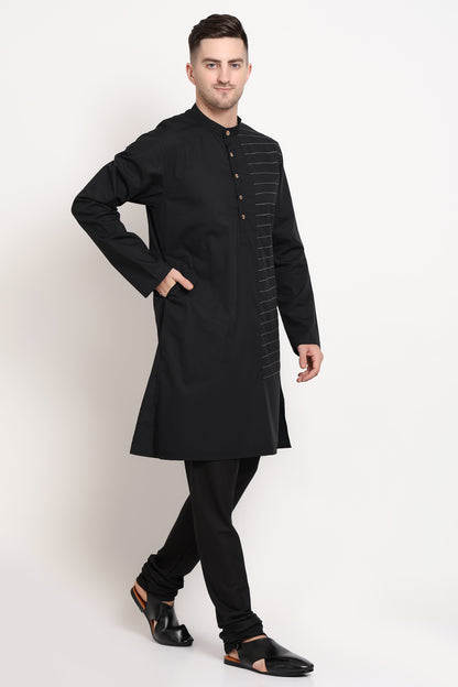 Linear Crest Kurta – Black with Horizontal Stripe Accent