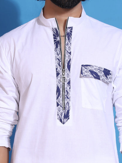 Men's white kurta with zipper closure